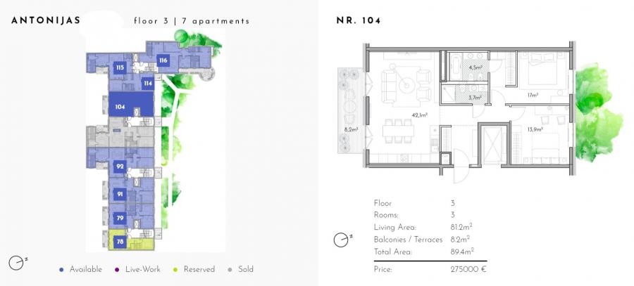 For sale apartment in a new project Magdlena kvartal at Antonijas street.