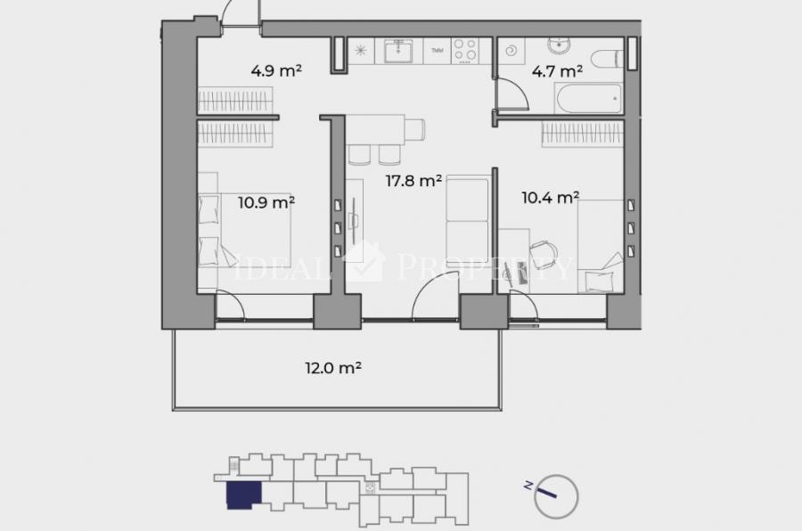 Mēs piedāvājam 3 istabu dzīvokli Dzintaros, jaunajā projektā EDINBURGH Apartments & Lofts.