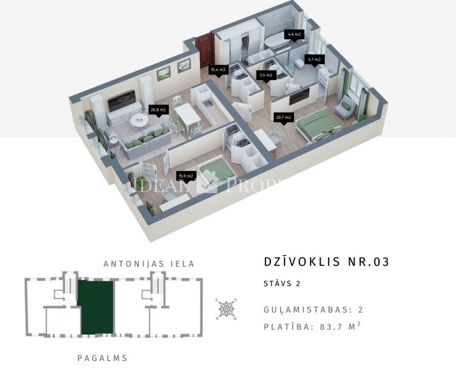 Pārdod dzīvokli pilnībā renoveta mājā klusā centrā, Antonijas ielā.