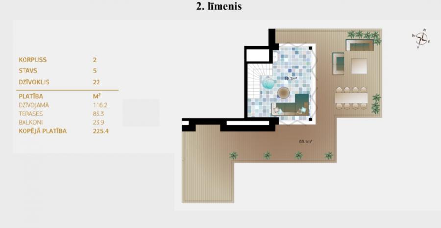 Terases, pilnībā mēbelēts dzīvoklis 2 līmeņos ekskluzīvā slēgta tipa dzīvojamā kompleksā klusajā centrā .